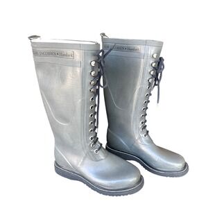 Ilse Jacobsen Hornbæk Wide Calf Lace Up Long Rubber Boots Size EU 37 US 7 Gray‎